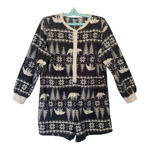 Old Navy Fleece PJs SZ M Women's Romper Black White One Piece Christmas Winter - Picture 1 of 14
